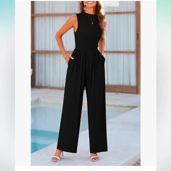 Pretty Garden Womens Summer One Piece Sleeveless Mock Neck Wide Leg Romper - Picture 1 of 9